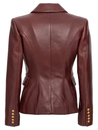 Shop Balmain Double-breasted Leather Blazer In Bordeaux