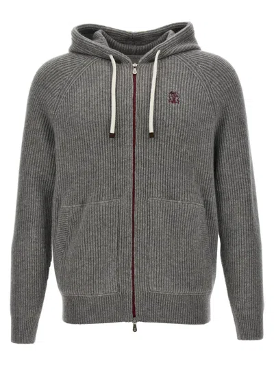 Shop Brunello Cucinelli Logo Embroidered Hooded Cardigan In Gray