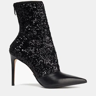 Pre-owned Balmain Black Sequins And Leather Ankle Boots Size 38.5