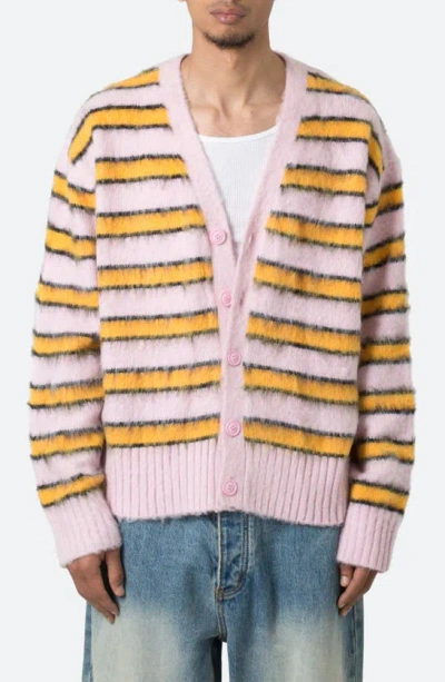 Shop Mnml Striped Faux Mohair Cardigan In Pink