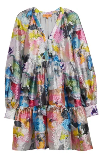 Shop Stine Goya Jasmine Orchid Print Long Sleeve Cloqué Tiered Dress In Liquified Orchid