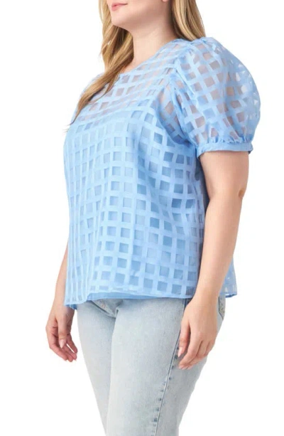 English Factory Sheer Plaid Short Puff Sleeve Top In Blue