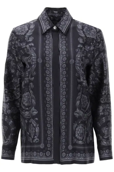 Shop Versace Barocco Shirt In Crepe De Chine In Grigio