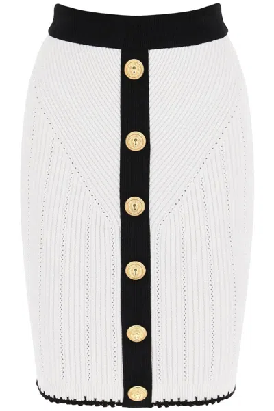 Shop Balmain Bicolor Knit Midi Skirt With Embossed Buttons In Bianco