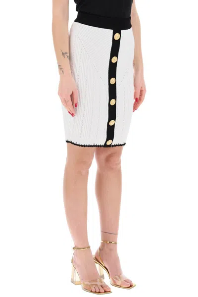 Shop Balmain Bicolor Knit Midi Skirt With Embossed Buttons In Bianco
