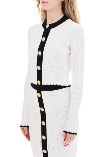 Shop Balmain Bicolor Knit Cardigan With Embossed Buttons In Bianco