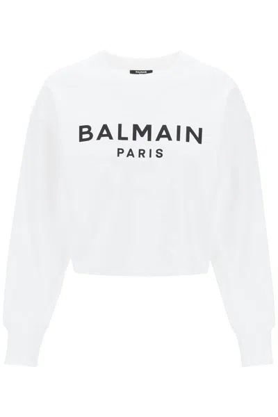 Shop Balmain Cropped Sweatshirt With Flocked Logo In Bianco