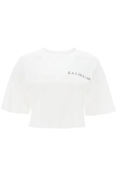 Shop Balmain Cropped T-shirt With Metallic Logo In Bianco