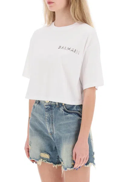 Shop Balmain Cropped T-shirt With Metallic Logo In Bianco
