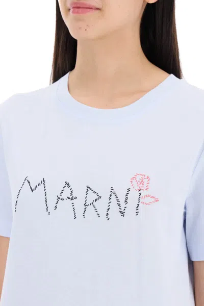Shop Marni Hand-embroidered Logo T-shirt In Celeste