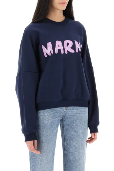 Shop Marni Logo Print Boxy Sweatshirt In Blu