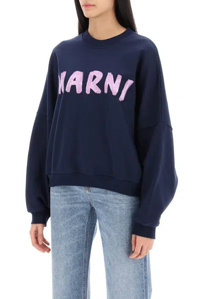 Shop Marni Logo Print Boxy Sweatshirt In Blu