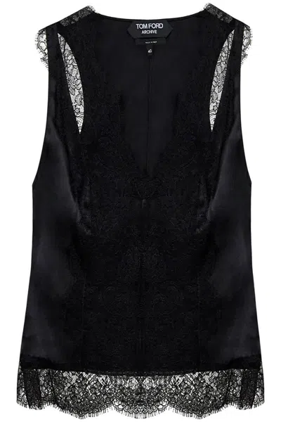 Shop Tom Ford Satin Tank Top With Chantilly Lace In Nero