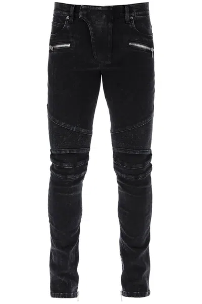 Shop Balmain Slim Biker Style Jeans In Nero