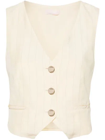 Shop Liu •jo Liu Jo Linen Blend Vest With V-neck In Bianco E Beige