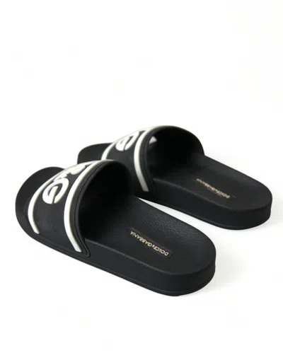 Shop Dolce & Gabbana Chic Black Logo Embossed Rubber Women's Slides In Black And White