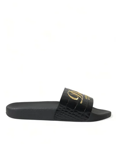 Shop Dolce & Gabbana Elegant Black And Gold Leather Women's Slides In Gold Black