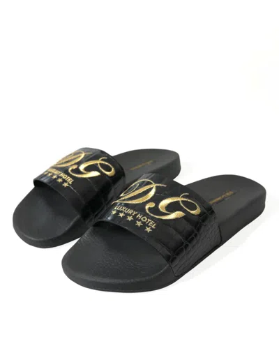 Shop Dolce & Gabbana Elegant Black And Gold Leather Women's Slides In Gold Black