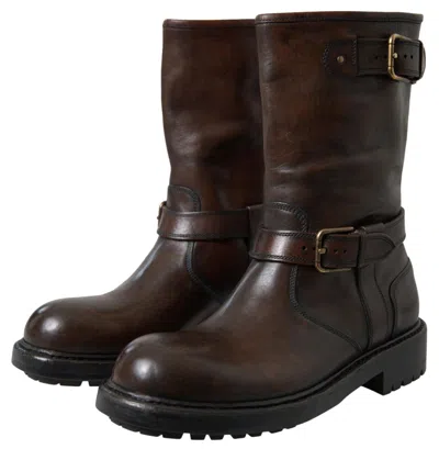 Shop Dolce & Gabbana Elegant Brown Leather Mid-calf Biker Men's Boots