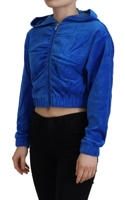 Juicy Couture Blue Cotton Full Zip Cropped Hooded Sweatshirt Sweater In Blue