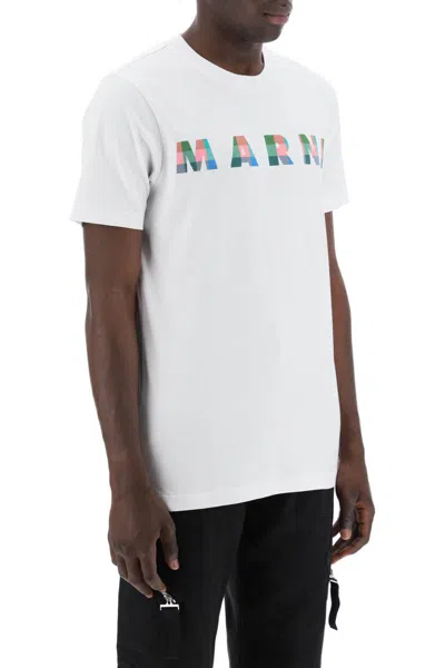 Shop Marni "checked Logo T-shirt With Square In Bianco