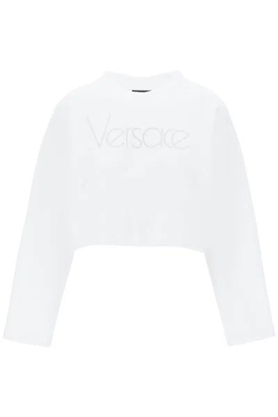 Shop Versace "cropped Sweatshirt With Rhinestone In Bianco