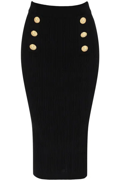 Shop Balmain "knitted Midi Skirt With Embossed In Nero