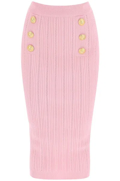 Shop Balmain "knitted Midi Skirt With Embossed In Rosa