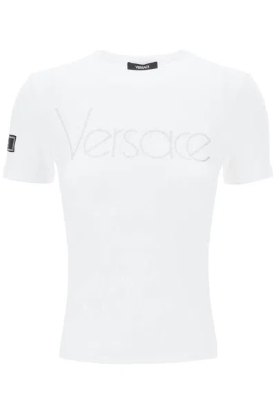 Shop Versace "logo Rhinestone T-shirt In Bianco