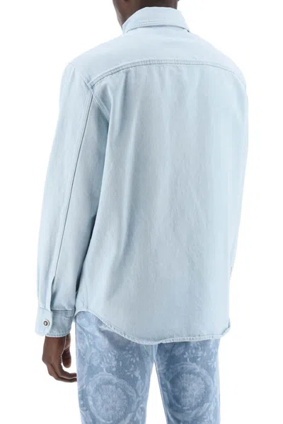 Shop Versace "medusa Denim Shirt In Celeste