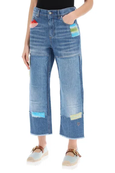 Shop Marni Cropped Jeans With Mohair Inserts In Blu