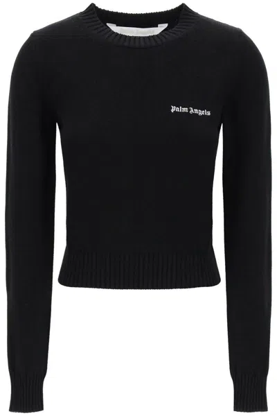 Shop Palm Angels Cropped Pullover With Embroidered Logo In Nero