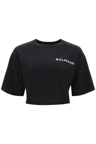 Shop Balmain Cropped T-shirt With Metallic Logo In Nero