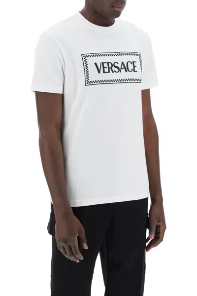Shop Versace Embroidered Logo T-shirt In Bianco