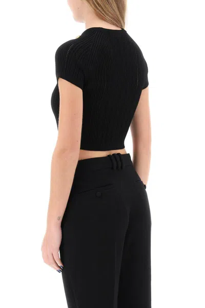 Shop Balmain Knitted Cropped Top With Embossed Buttons In Nero