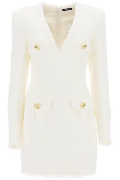 Shop Balmain Mini Dress In Tweed In Bianco