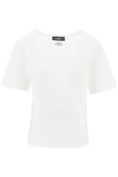 Shop Dsquared2 T-shirt With Rhinestone Logo In Bianco