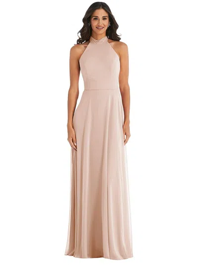 After Six Backless Halter Evening Gown In Beige
