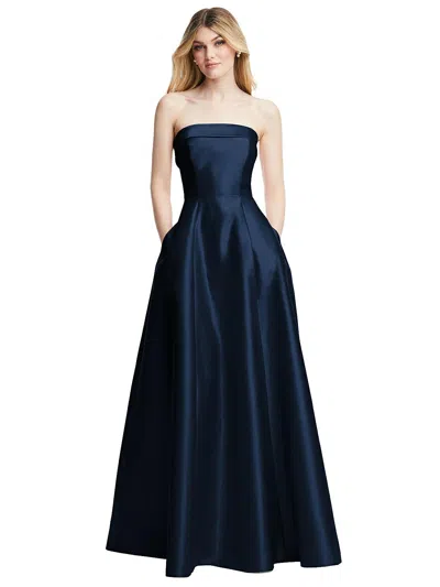 Shop Alfred Sung Strapless Bias Cuff Bodice Satin Gown With Pockets In Blue