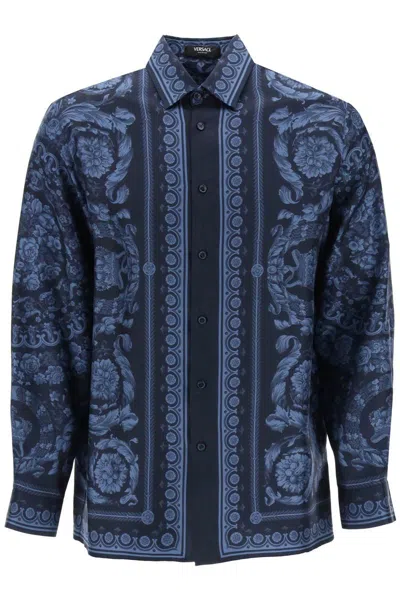 Shop Versace Barocco Silk Shirt In Blu