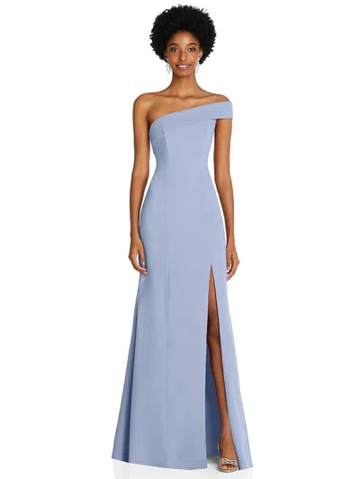 After Six Asymmetrical Off-the-shoulder Cuff Trumpet Gown With Front Slit In Blue
