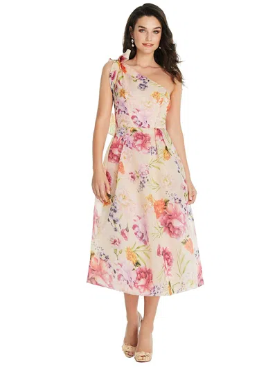 Shop Alfred Sung Scarf-tie One-shoulder Pink Floral Organdy Midi Dress In Multi