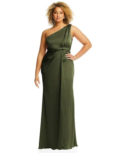 Shop Dessy Collection One-shoulder Draped Twist Empire Waist Trumpet Gown In Green