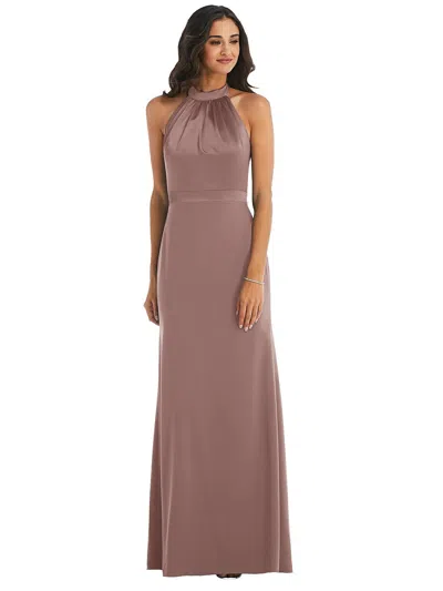 After Six High-neck Open-back Maxi Dress With Scarf Tie In Gold