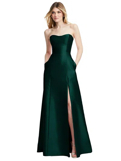 Shop Alfred Sung Strapless A-line Satin Gown With Modern Bow Detail In Green
