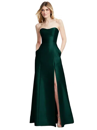 Alfred Sung Strapless Satin A-line Gown In Green