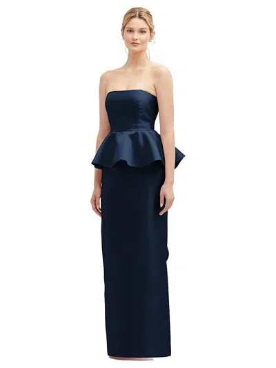 Shop Alfred Sung Strapless Satin Maxi Dress With Cascade Ruffle Peplum Detail In Blue