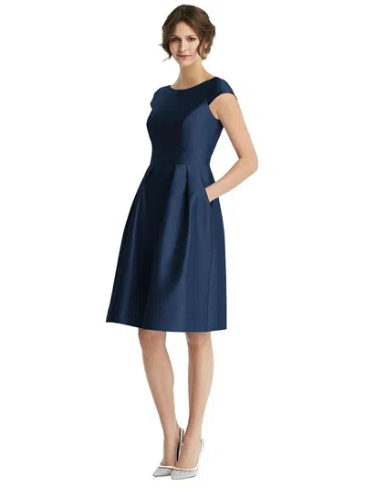 Shop Alfred Sung Cap Sleeve Pleated Cocktail Dress With Pockets In Blue