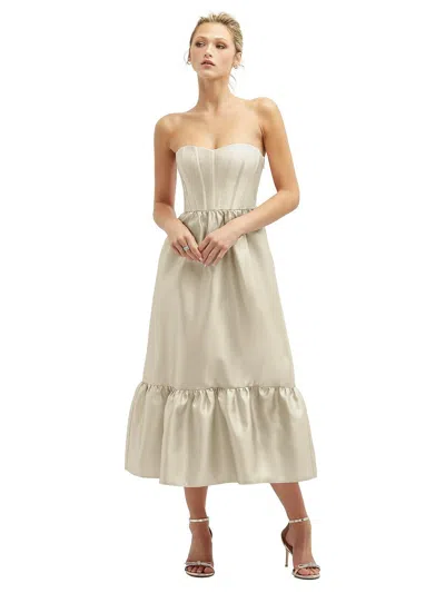 Shop Dessy Collection Strapless Satin Midi Corset Dress With Lace-up Back & Ruffle Hem In White