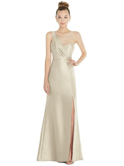 Shop Alfred Sung Draped One-shoulder Satin Trumpet Gown With Front Slit In White